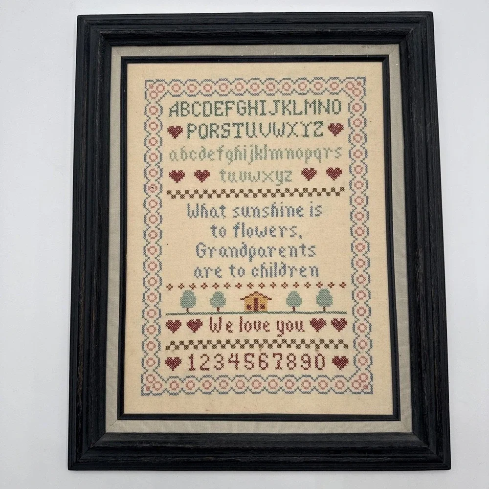 Vintage Wood Framed ALPHABET SAMPLER 16.5x20.5 Cross Stitch Embroidery Family